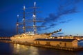 Cruise sailing ship Sea Cloud II the English wharf summer night. St. Petersburg Royalty Free Stock Photo