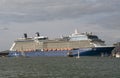 Cruise ship alongside port of Southampton, UK and a hotel. Southampton UK