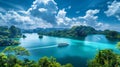 A cruise ship is anchored in the middle of a large body of water, surrounded by the natural beauty of a tropical bay Royalty Free Stock Photo