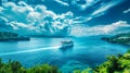 A cruise ship is anchored in the middle of a large body of water, surrounded by the natural beauty of a tropical bay Royalty Free Stock Photo