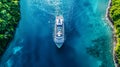 A cruise ship is anchored in the middle of a tropical bay surrounded by calm waters under clear skies Royalty Free Stock Photo