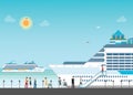 Cruise ship anchored at sea port with cruise peopl in line. Royalty Free Stock Photo
