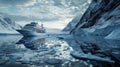 Cruise Ship at the Antarctic Peninsula Ocean and Icebergs and Mountains in the Background in Antarctica Royalty Free Stock Photo