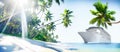 Cruise Ship Beach Sea Palm Tree Concept