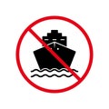 Cruise Ship Black Silhouette Ban Icon. Boat Container Forbidden Zone Pictogram. Cargo Marine Red Stop Symbol. Illegal