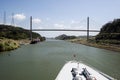 Cruise ship bow passing Panama Canal near the bridge. Royalty Free Stock Photo