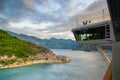 Cruise ship bridge coming into Montenegro Kotor Bay with views of tall mountains before sunrise