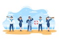 Cruise Ship Captain Cartoon Illustration in Sailor Uniform Riding a Ships, Looking with Binoculars or Standing on the Harbor Royalty Free Stock Photo