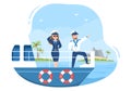 Cruise Ship Captain Cartoon Illustration in Sailor Uniform Riding a Ships, Looking with Binoculars or Standing on the Harbor in Royalty Free Stock Photo