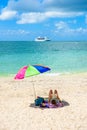 Cruise ship on Caribbean Sea close to paradise beach. Tropical travel concept and destination for vacation. Recreation and Royalty Free Stock Photo