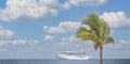 Cruise ship in Caribbean sea with palm tree on foreground. Landscape with big cruise liner Royalty Free Stock Photo