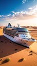 Cruise ship in desert landscape with blue sky and warm sunlight. Royalty Free Stock Photo