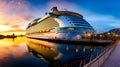 Cruise ship docked at dock with sunset in the back ground. Generative AI Royalty Free Stock Photo