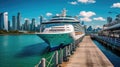 A Cruise Ship Docked At A Pier In The Bustling Port Of Miami Florida The City Skyline. Generative AI Royalty Free Stock Photo