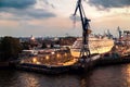 Cruise ship in dry dock in Hamburg harbor in the evening Royalty Free Stock Photo