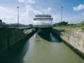 Cruise ship enters Miraflores Locks at Panama Canal Royalty Free Stock Photo