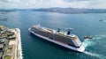 A cruise ship enters the port of Istanbul, Turkey, Aerial shot Royalty Free Stock Photo