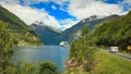 Cruise ship on fjord and camper on road, Norway Royalty Free Stock Photo