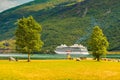 Cruise ship on fjord Sognefjord in Flam Norway Royalty Free Stock Photo