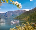 Cruise ship in fjord during spring time, Flam, Norway Royalty Free Stock Photo