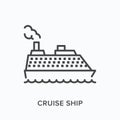 Cruise ship flat line icon. Vector outline illustration of passenger liner, sea tanker. Transatlantic journey thin