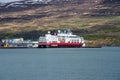 Cruise ship Fram from the Norwegian company Hurtigruten in Port of Akureyri in Eyjafjordur fjord in Iceland