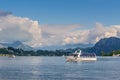 Cruise ship in front of snow covered Alps mountains peaks on Lake Lucerne, central Switzerland Royalty Free Stock Photo