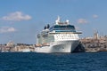 Cruise ship, Galata Tower and water Golden Horn bay. Istanbul, Turkey Royalty Free Stock Photo