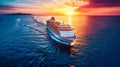 A cruise ship glides through the ocean as the sun sets in the background, casting a warm glow on the water