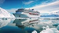 A cruise ship gracefully navigates through a treacherous sea filled with towering icebergs, Cruise ship in majestic north seascape