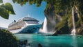 cruise ship in the harbor Fantasy cruise ship with a waterfall of magic, with a landscape of enchanted islands Royalty Free Stock Photo