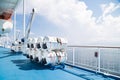 Cruise ship inflatable emergency life raft on deck