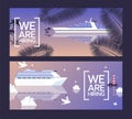 Cruise ship job opening banner, ocean trip summer and winter season, vector illustration Royalty Free Stock Photo