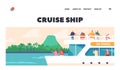 Cruise Ship Landing Page Template. Tourists Traveling On Liner Take Pictures Tropical Landscape. Summer Marine Trip