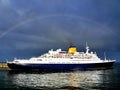 Cruise Ship Under The Rainbow. Royalty Free Stock Photo