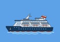 Cruise ship, cruiser. Flat vector illustration. Isolated on blue background. Royalty Free Stock Photo