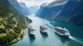 Cruise Ship, Cruise Liners On fjord. generated by AI tool.