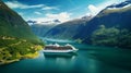 Cruise Ship, Cruise Liners On fjord. generated by AI tool.