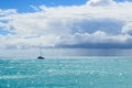 Cruise ship on the Maho Beach, Sint Maarten, Dutch Caribbean on a cloudy day Royalty Free Stock Photo