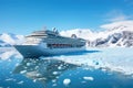 A cruise ship makes its way through a seemingly perilous journey surrounded by icebergs, Cruise ship in majestic north seascape