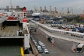 Cruise ship ferryes and freight area in Barcelona commercial port wide view