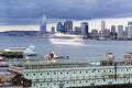 A cruise ship in motion on Hudson river between New York City and New Jersey