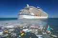 Cruise ship moves into sea with garbage, human traces in nature, global ocean pollution, environmental issues