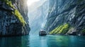 Cruise ship navigating through a narrow Norwegian fjord, towering rock walls. Royalty Free Stock Photo