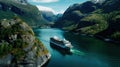 Cruise ship navigating through a narrow Norwegian fjord, towering rock walls. Royalty Free Stock Photo