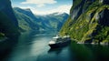 Cruise ship navigating through a narrow Norwegian fjord, towering rock walls. Royalty Free Stock Photo