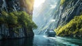 Cruise ship navigating through a narrow Norwegian fjord, towering rock walls. Royalty Free Stock Photo