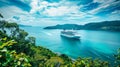 A cruise ship navigating through the ocean on a clear and sunny day in a tropical bay Royalty Free Stock Photo