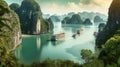 A Cruise Ship Navigating The Stunning Halong Bay In Vietnam Towering Limestone Cliffs. Generative AI