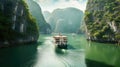 A Cruise Ship Navigating Stunning Halong Bay In Vietnam Towering Limestone Cliffs. Generative AI